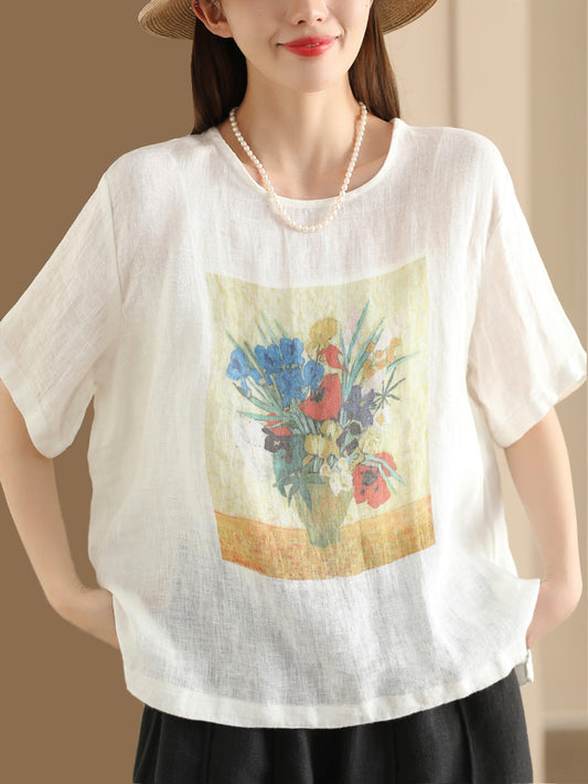 Women Summer Casual Flower Linen Pullover Shirt TY1022