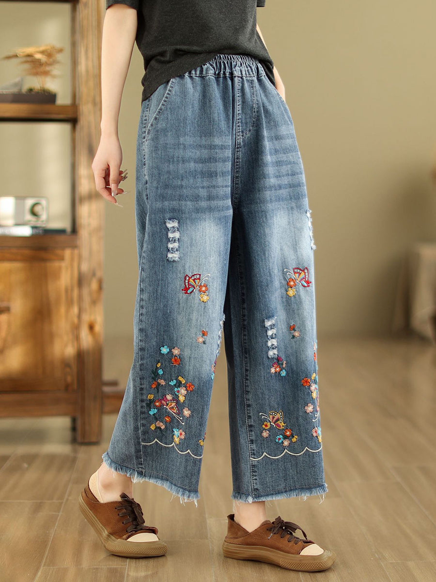Women Summer Retro Embroidery Frayed Straight Denim Pants AS1042
