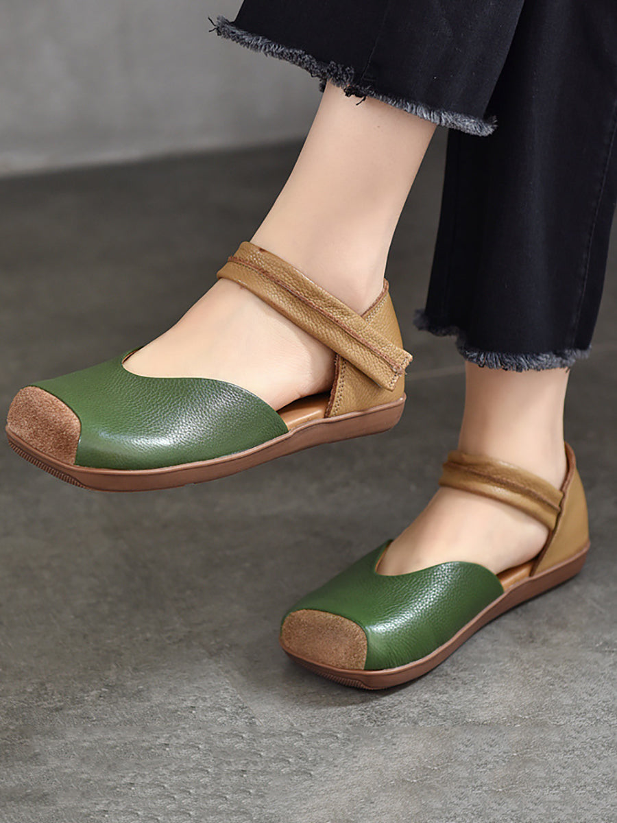 Women Summer Leather Colorblock Flat Shoes QW1039
