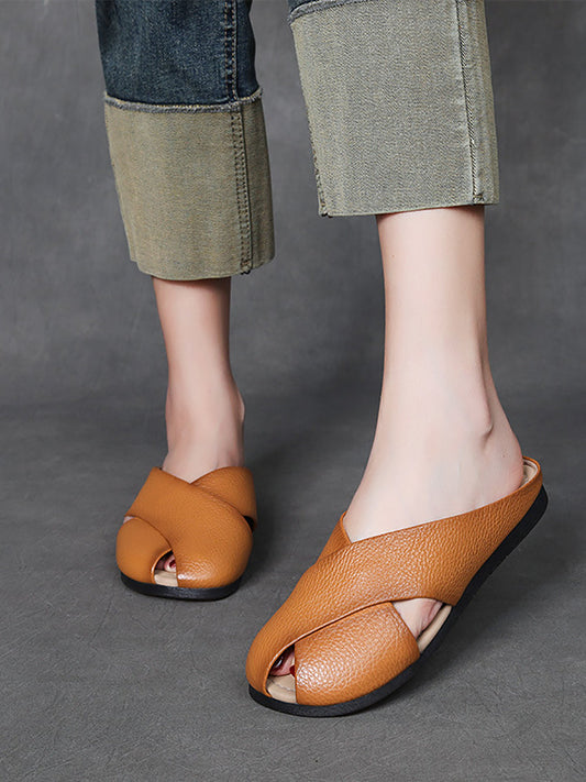 Women Summer Solid Leather X-Spliced Flat Slippers UI1032
