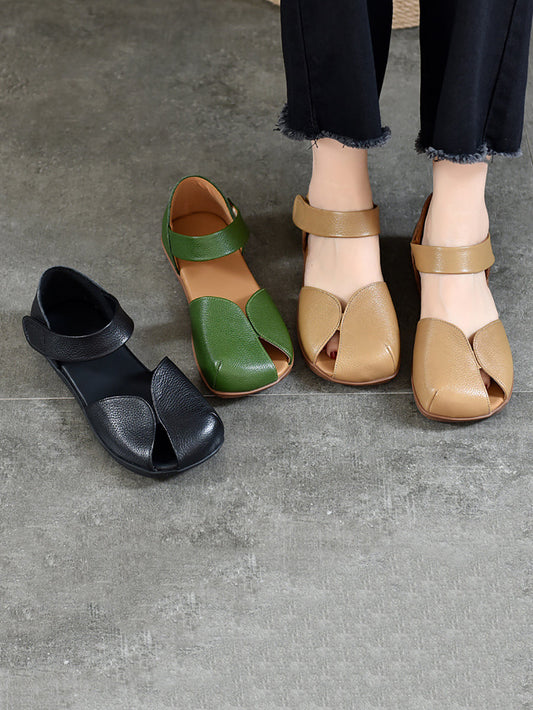 Women Summer Solid Leather Soft Spliced Flat Sandals ZZ1025