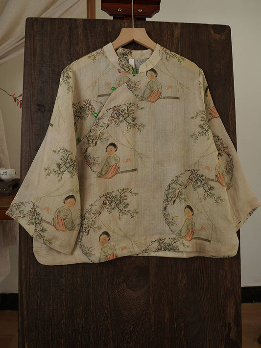 Women Ethnic Print Ramie Stand Collar Loose Shirt FG1043