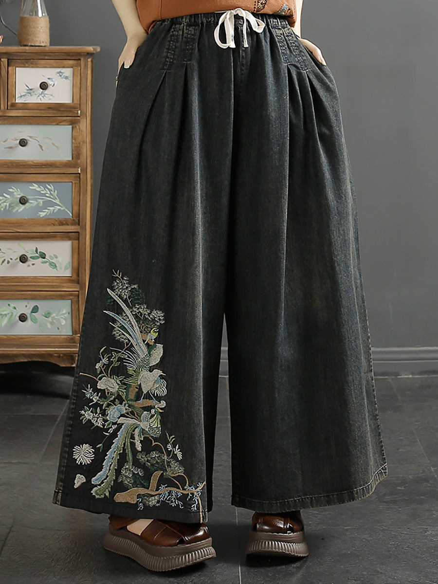 Women Vintage Ethnic Embroidery Wide-leg Denim Pants KL1008