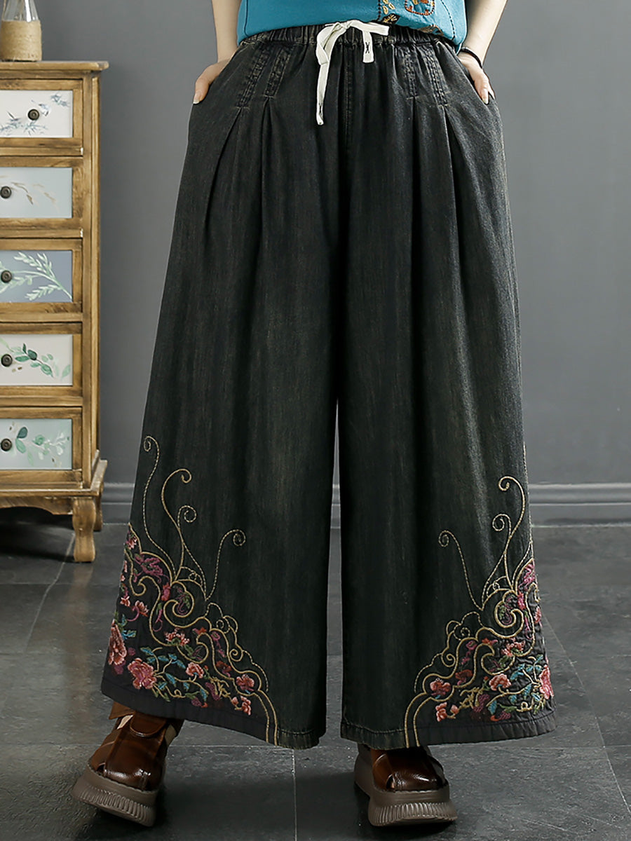 Women Vintage Summer Embroidery Wide-leg Denim Pants KL1007