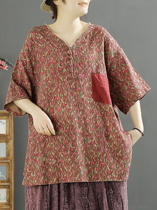 Women Summer Artsy Floral Spliced V-Neck Cotton Shirt KL1010