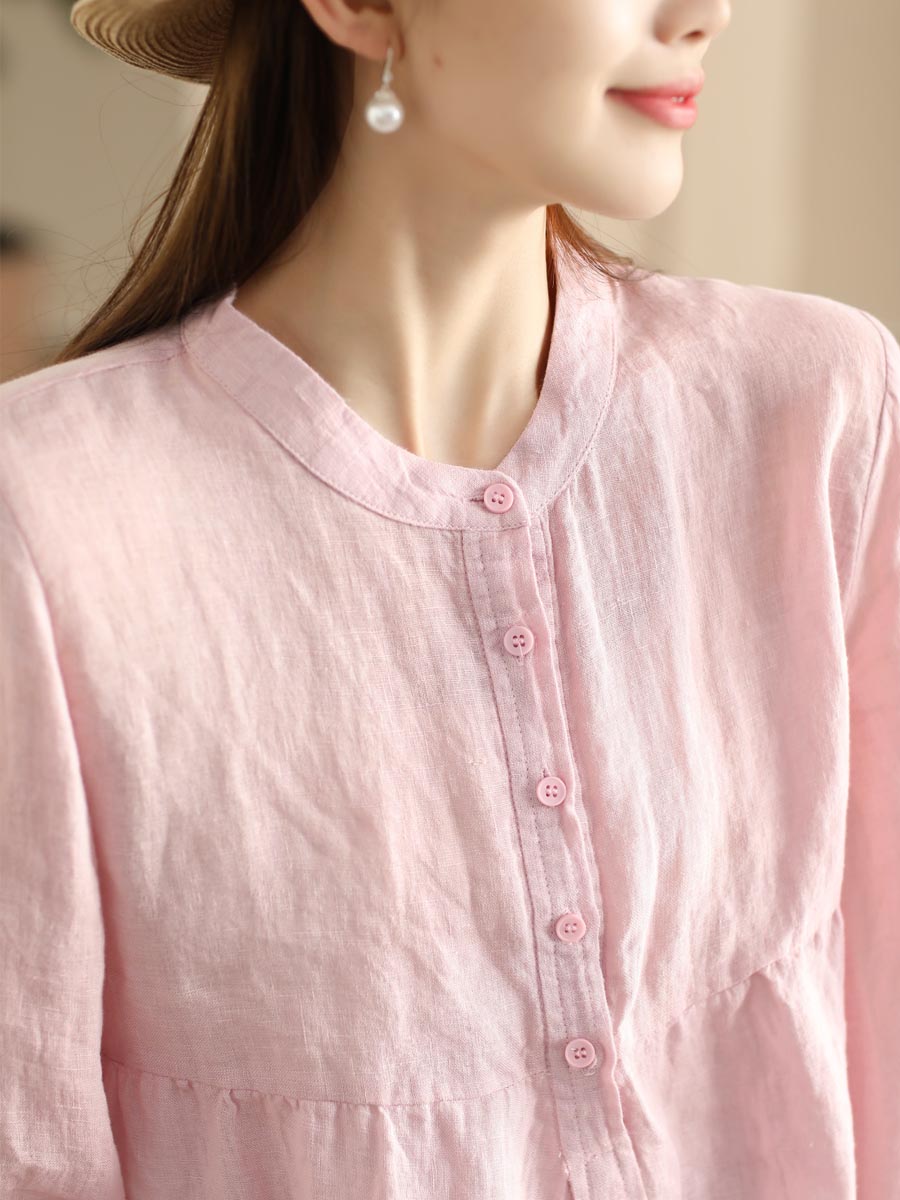 Women Retro Solid Spring Pullover Linen Shirt KL1030