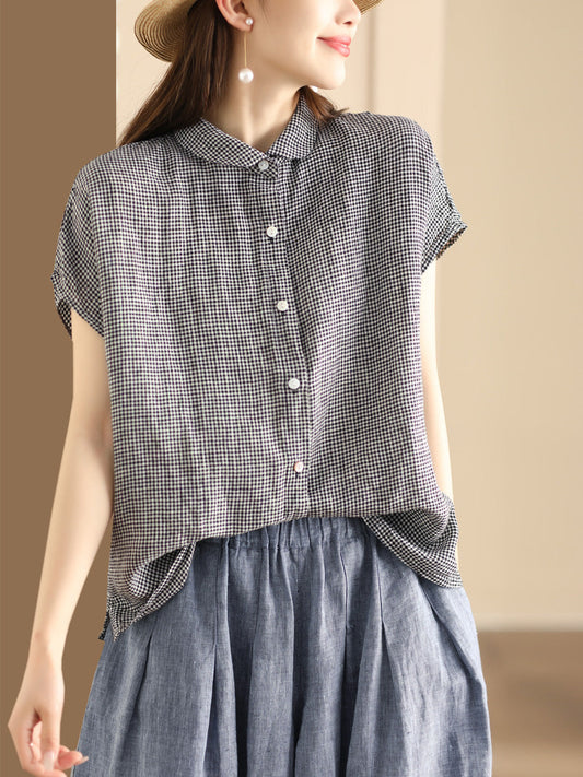 Plus Size Women Vintage Solid 100%Linen Button-up Shirt WE1048