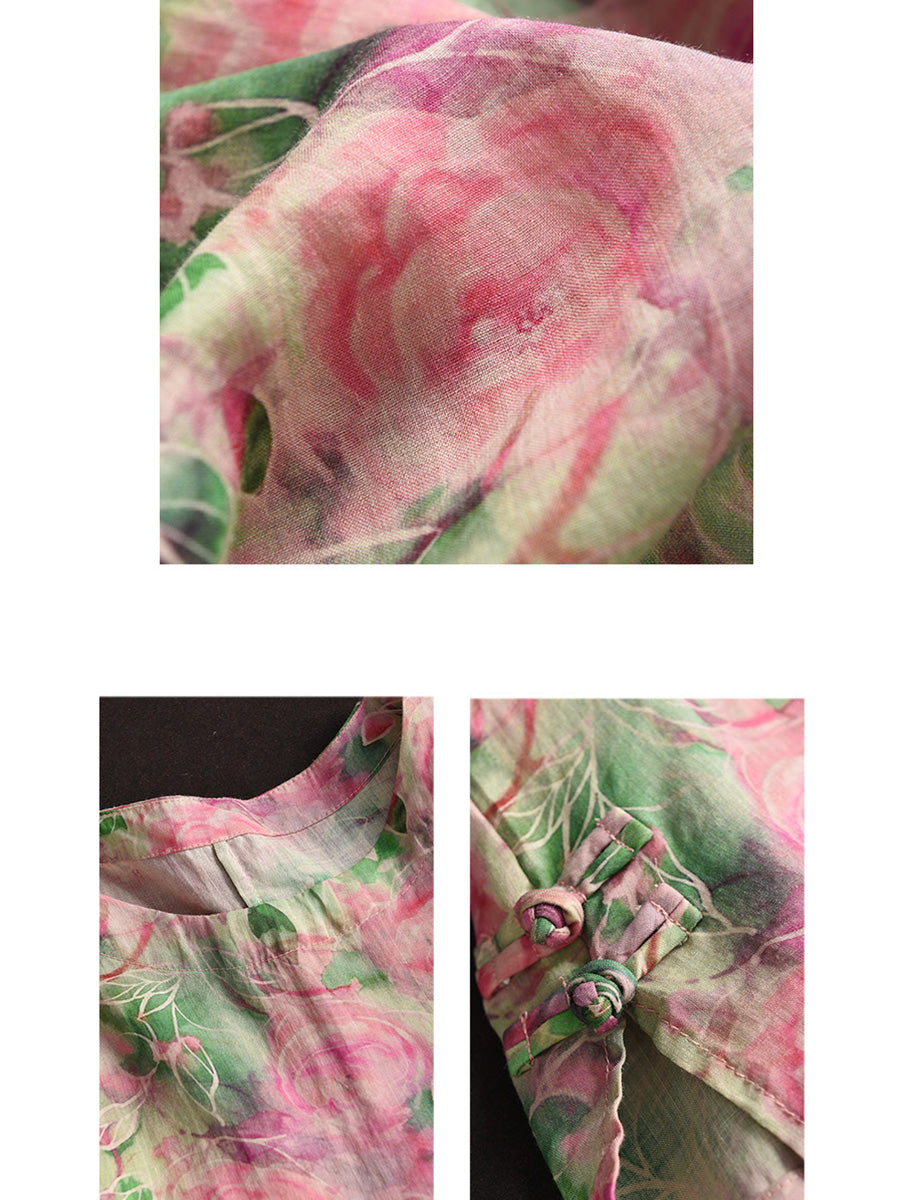 Women Artsy Floral Summer Ramie Pullover Shirt KL1016
