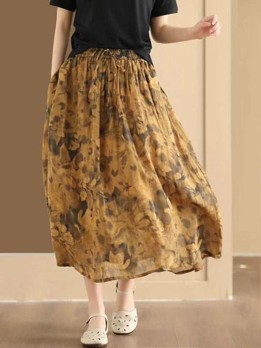 Women Vintage Summer Flower Ramie Loose Skirt QW1006