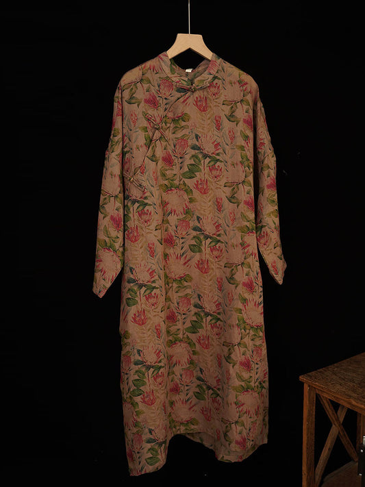 Women Summer Vintage Flower Buckle Ramie Robe Dress IO1018