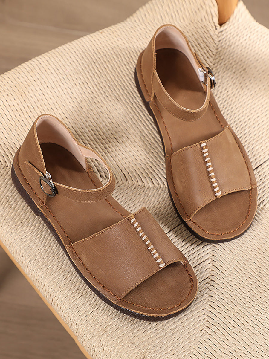 Women Summer Leather Spliced Flat Solid Sandals UI1031