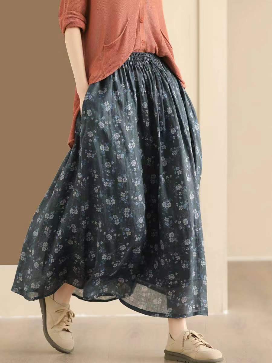 Women Vintage Summer Flower Ramie Loose Skirt QW1006