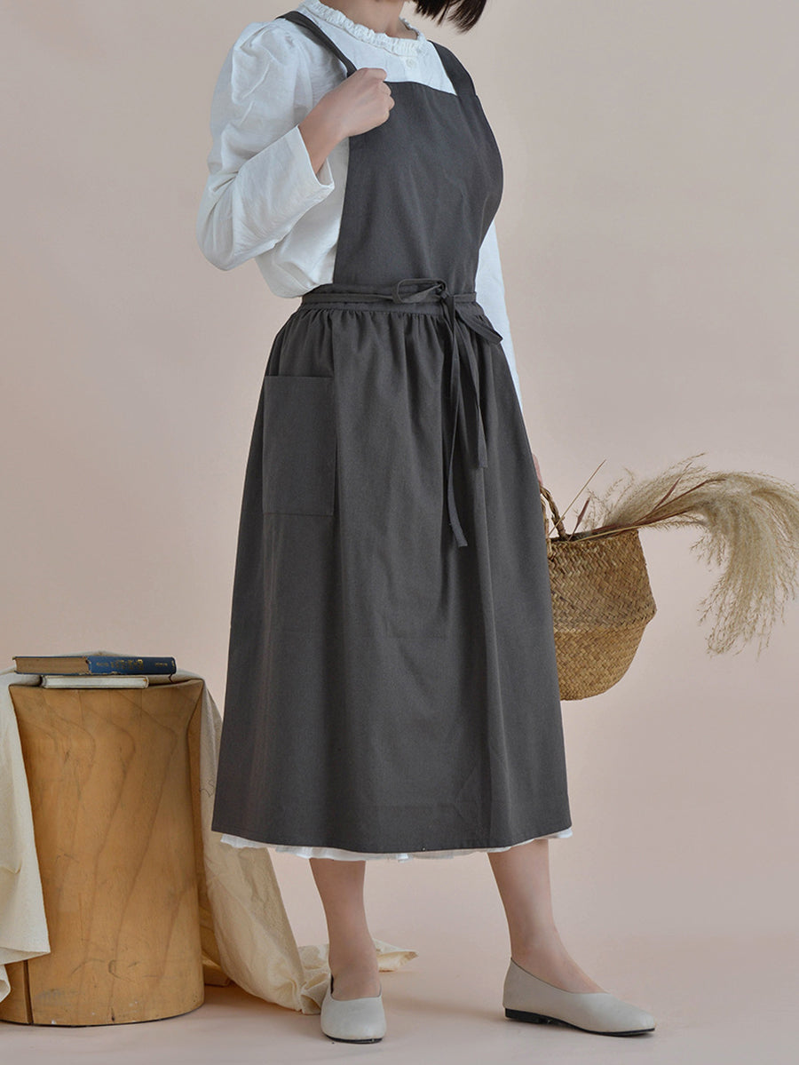 Women Casual Solid Summer Cotton Apron Dress KL1041