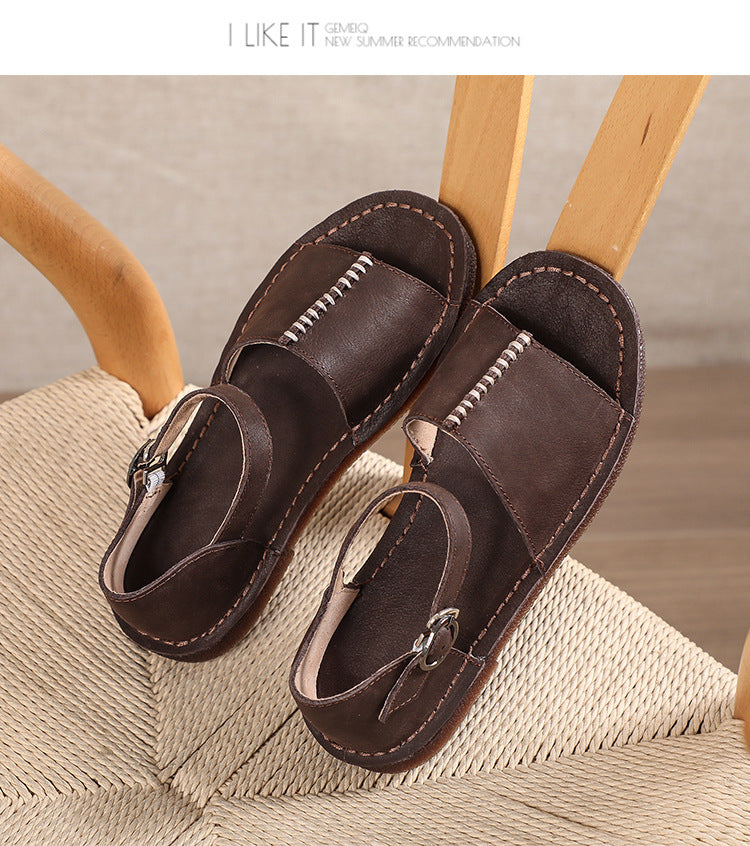 Women Summer Leather Spliced Flat Solid Sandals UI1031