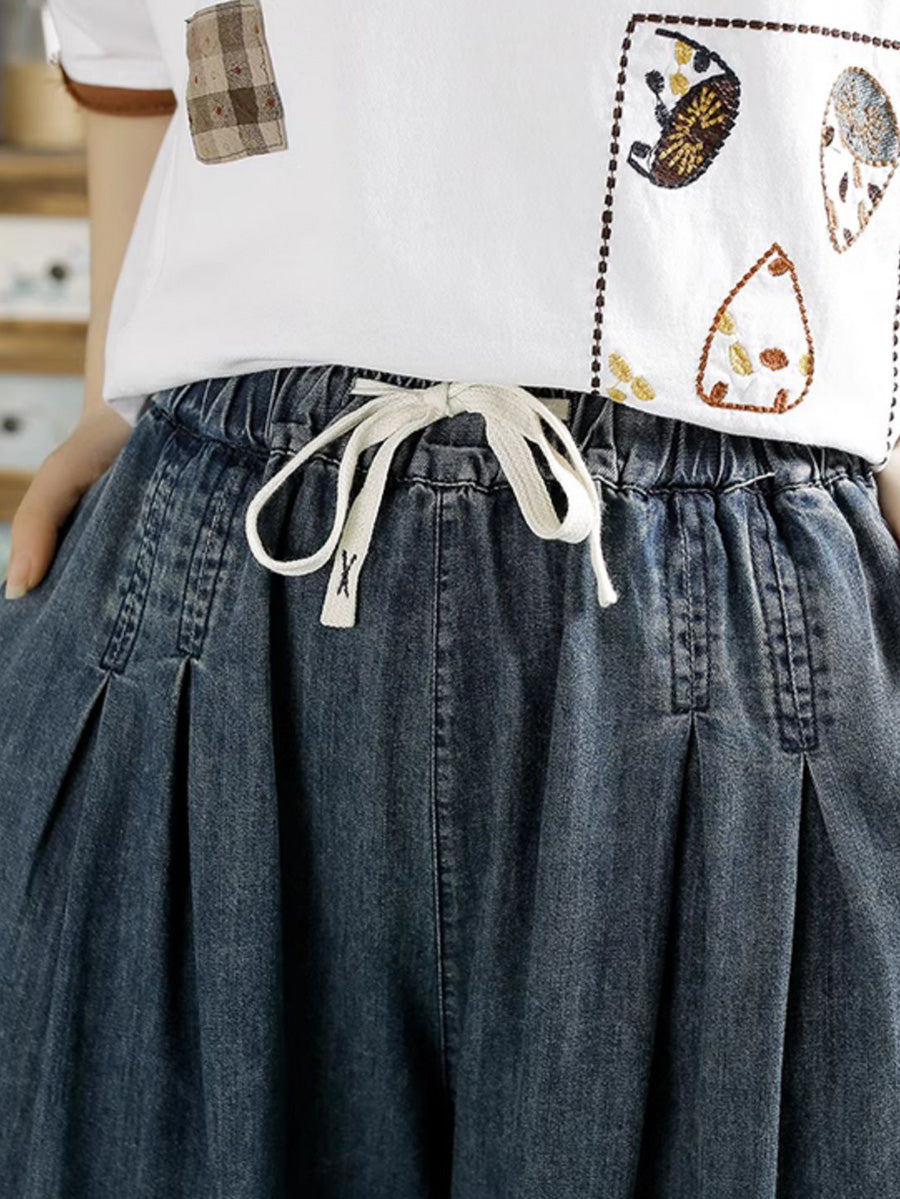 Women Vintage Summer Embroidery Wide-leg Denim Pants KL1007