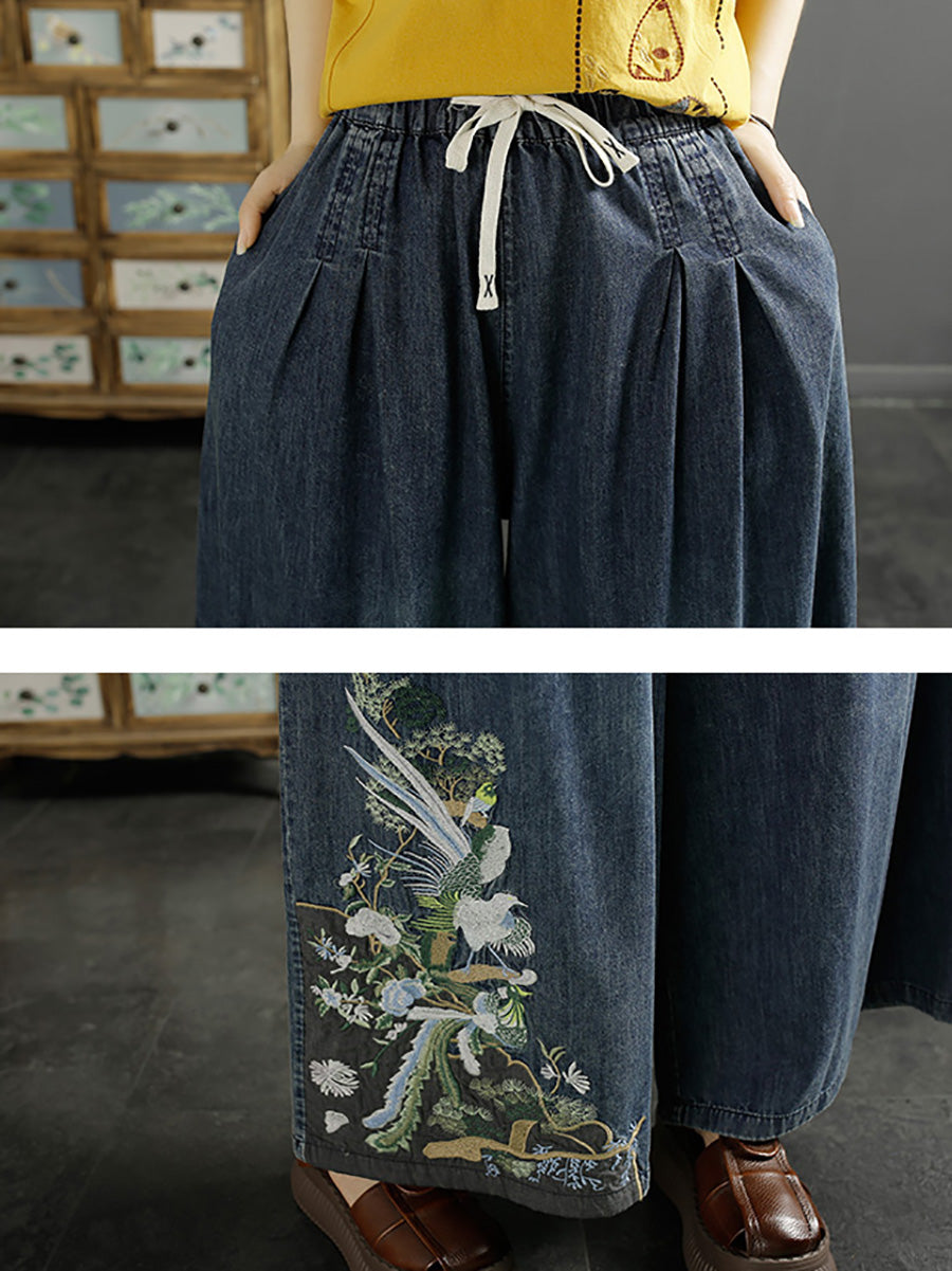 Women Vintage Ethnic Embroidery Wide-leg Denim Pants KL1008