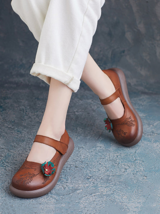 Women Summer Vintage Leather Flower Mid-Heel Shoes ZZ1036