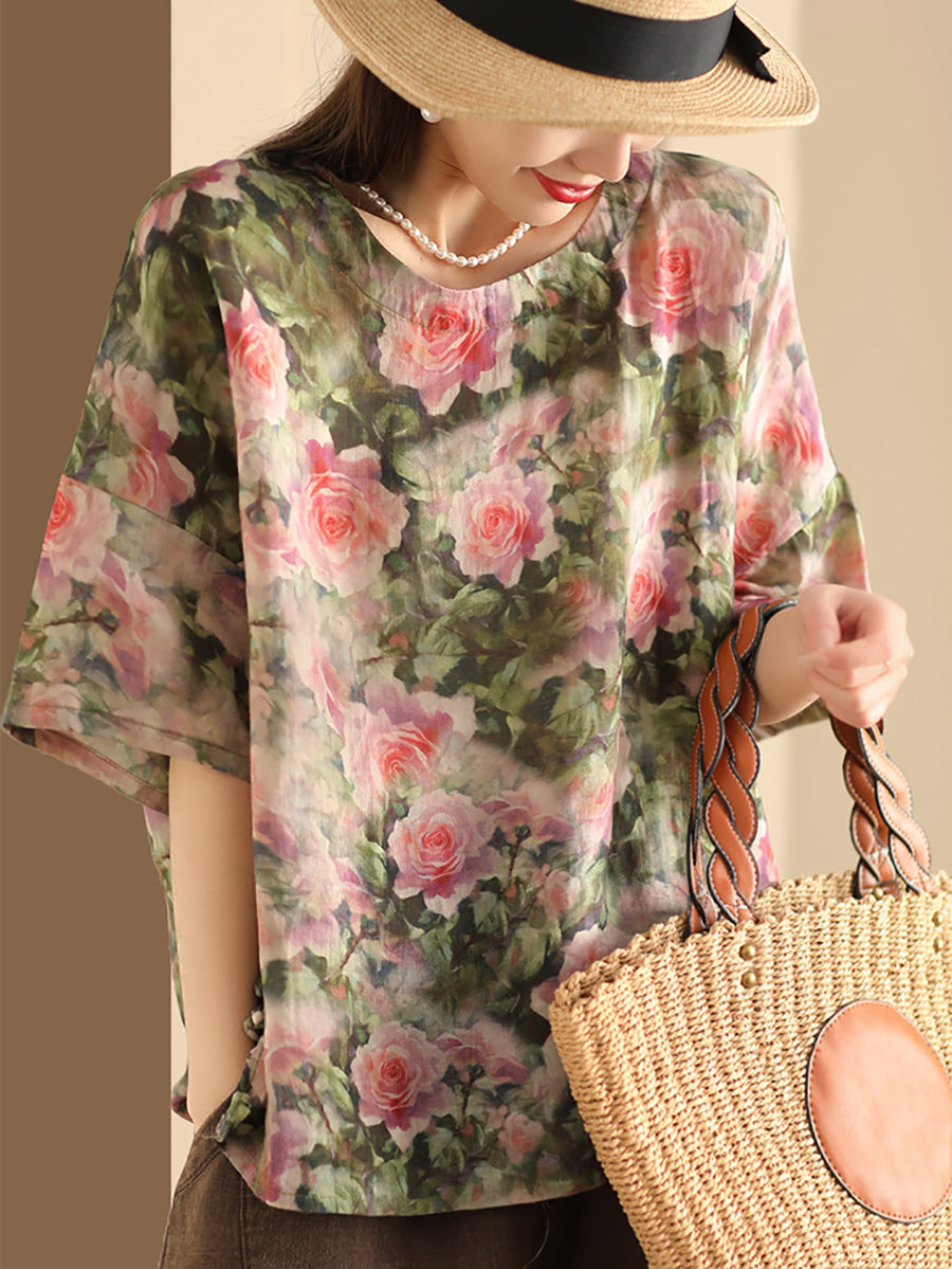 Women Artsy Floral Summer Ramie Pullover Shirt KL1016