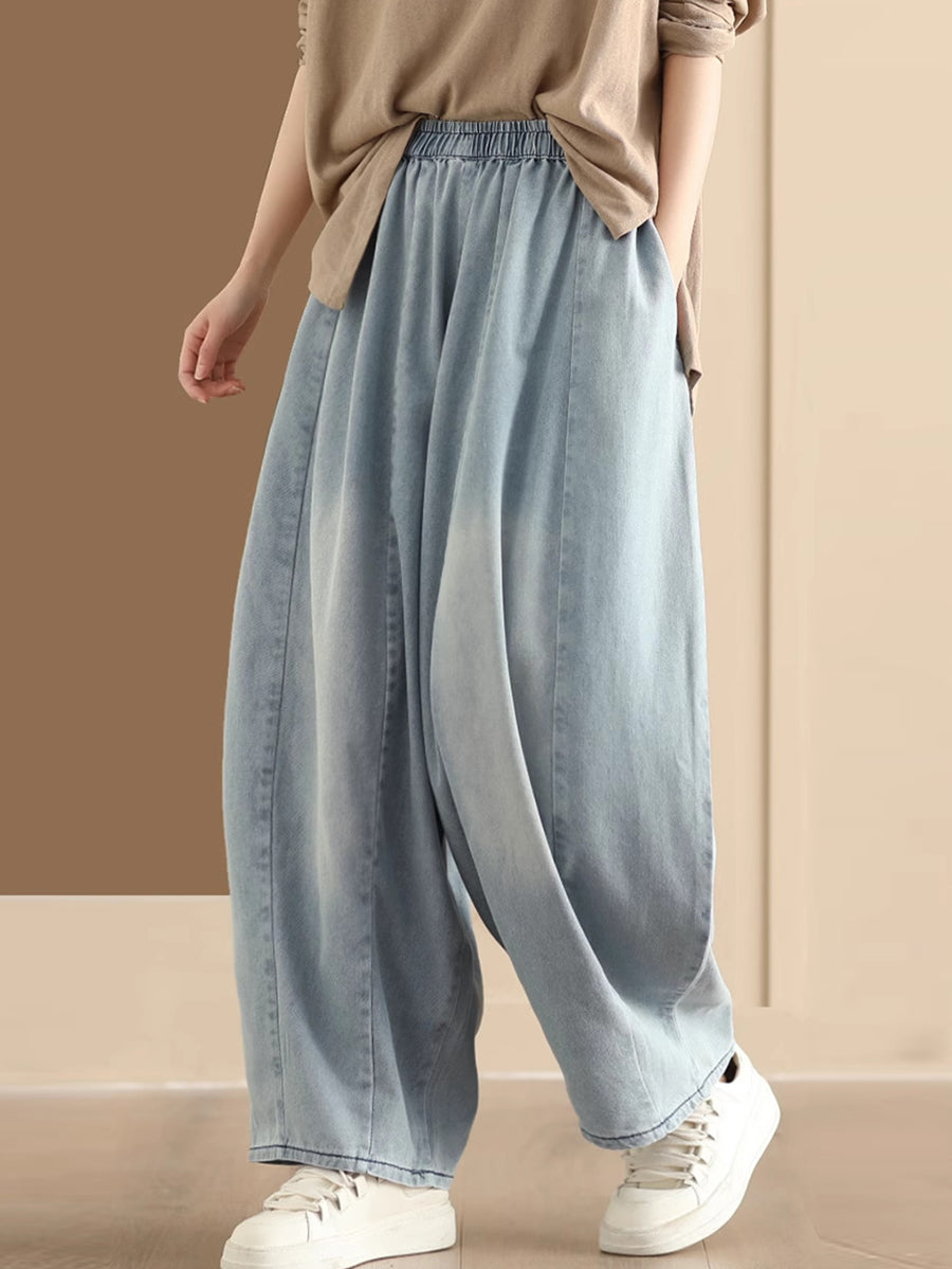 Women Vintage Washed Spliced Denim Wide-leg Pants QW1007