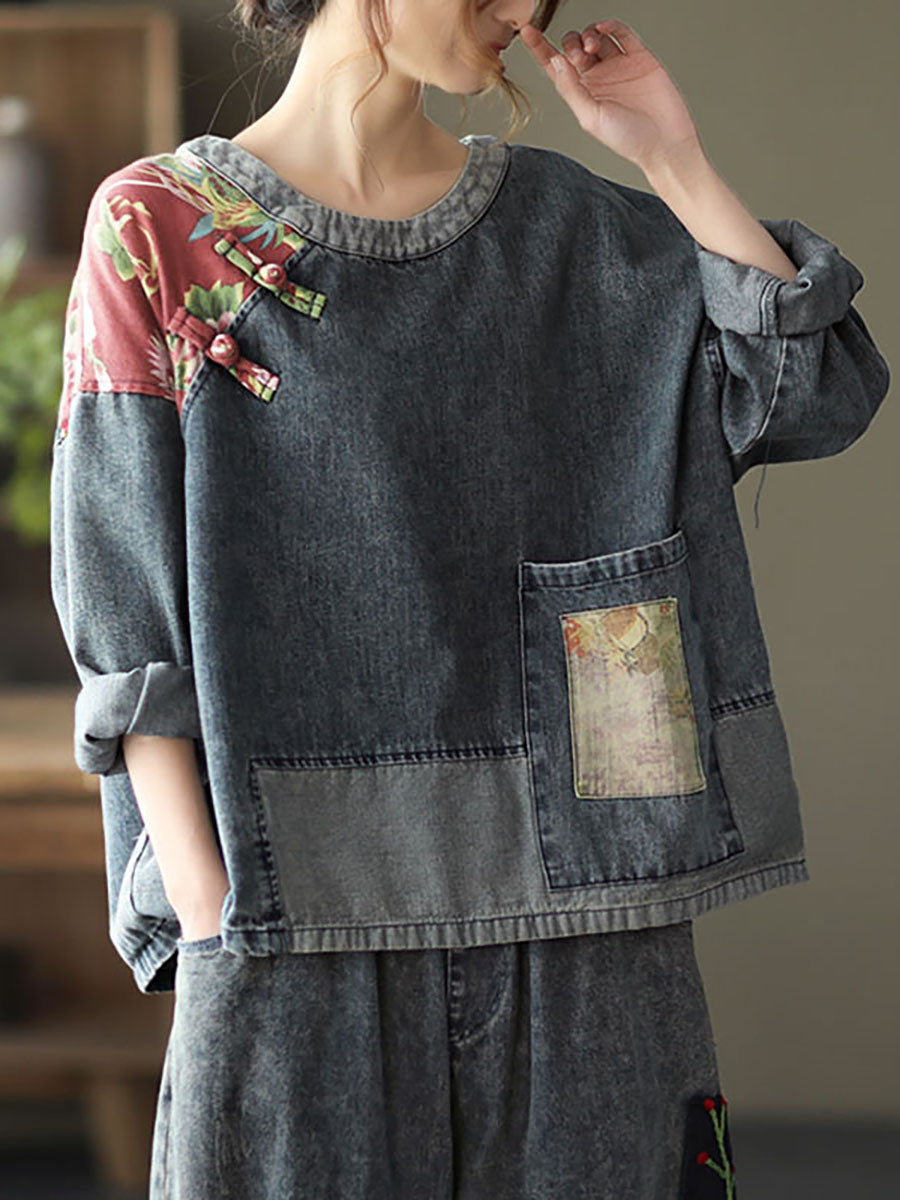 Plus Size Women Retro Stitching Patchwork Print Floral Denim Sweatshirt SC1032