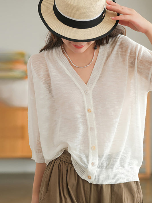 Plus Size Women Summer V-Neck Casual Loose Knit Shirt WE1049