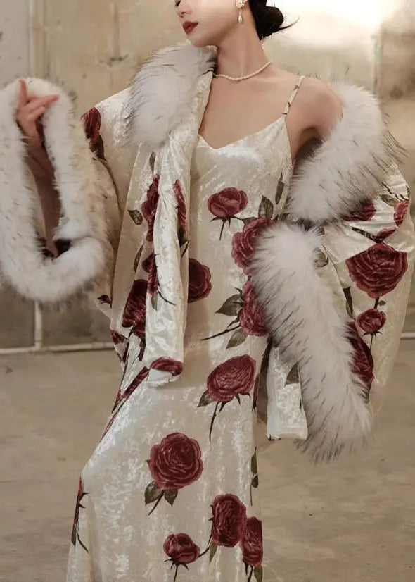 2023 Autumn New Sexy Rose Print Fur collar Silk Dress Two Piece Set Ada Fashion