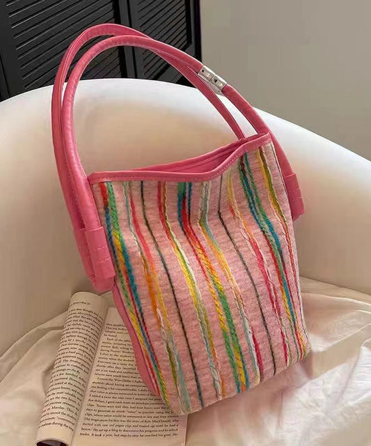 2024 New Minimalist Pink Striped Weaving Satchel Bag Handbag HJ1047