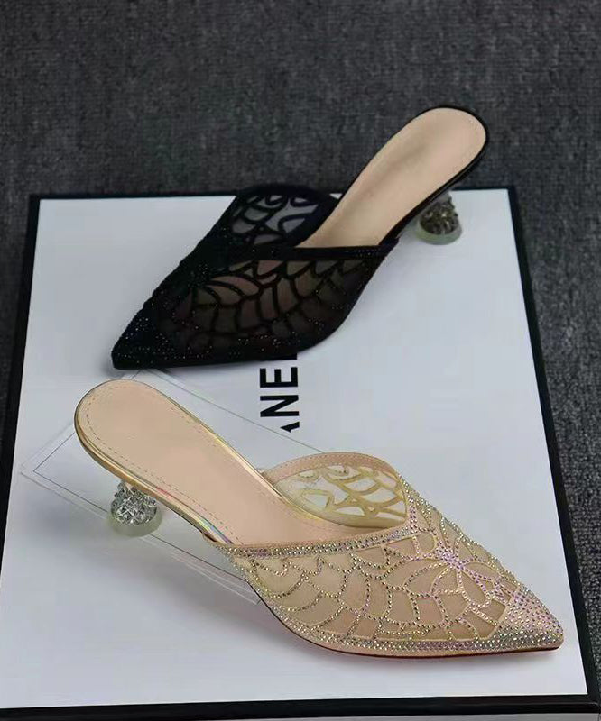 2024 Summer New Gold Hollow Out Zircon Pointed Toe Slide Sandals CZ1050