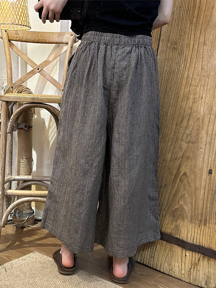 Plus Size Women Spring Plaid Wide-leg Cotton Linen Pants PA1024