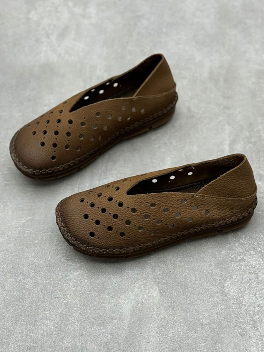 Women Summer Vintage Leather Cutout Flat Shoes QW1051