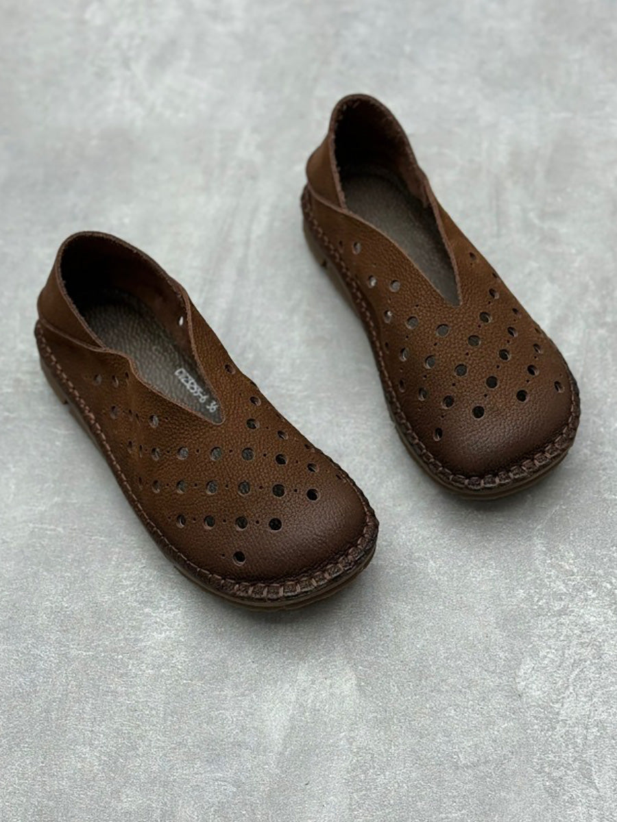 Women Summer Vintage Leather Cutout Flat Shoes QW1051