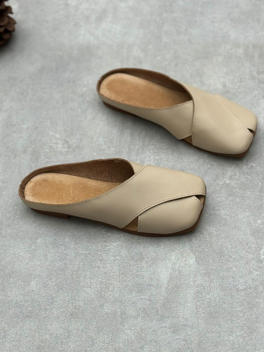 Women Summer Solid Leather Spliced Slippers QW1047