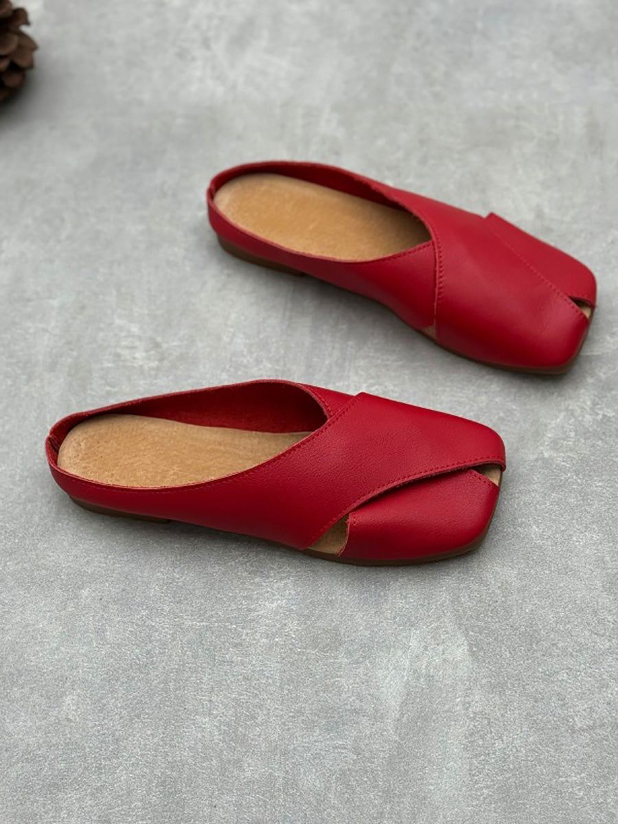 Women Summer Solid Leather Spliced Slippers QW1047