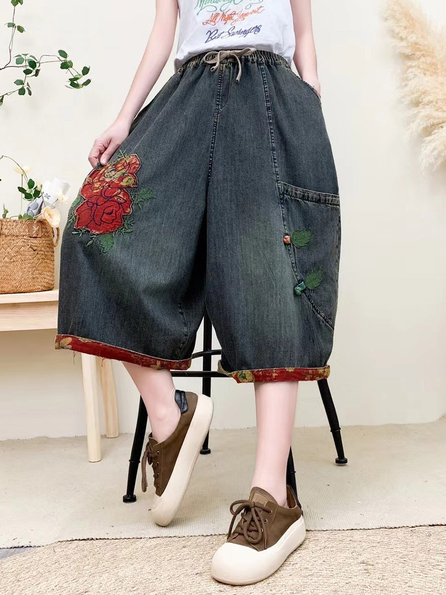 Women Summer Vintage Flower Embroidery Denim Pants QW1024