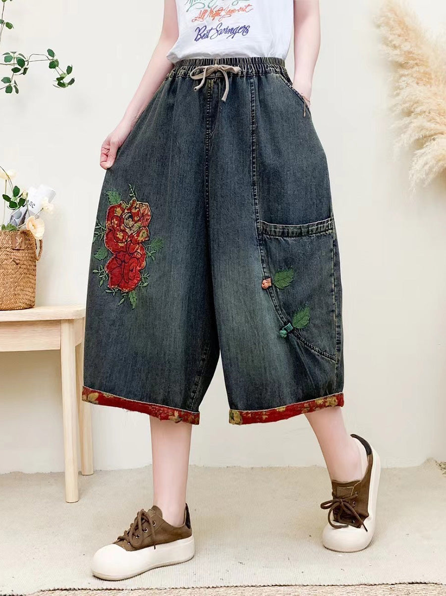 Women Summer Vintage Flower Embroidery Denim Pants QW1024