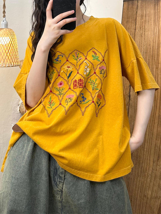 Women Ethnic Flower Embroidery Cotton Summer Shirt WE1047