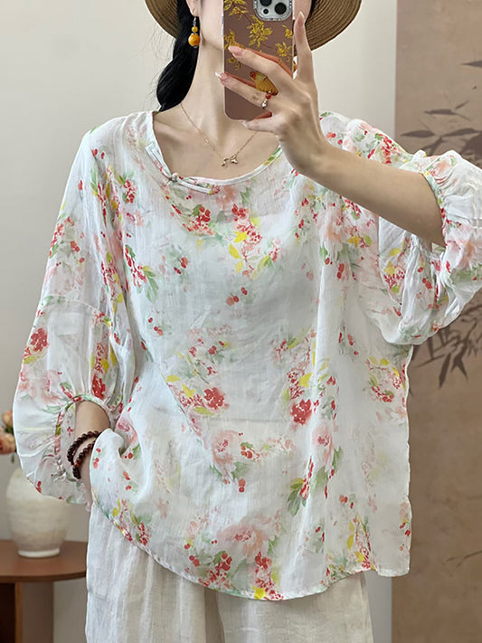 Women Summer Artsy Floral Loose Ramie Shirt UI1007