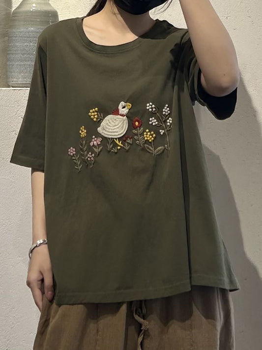 Women Casual Cute Embroidery O-Neck Cotton Shirt UI1008