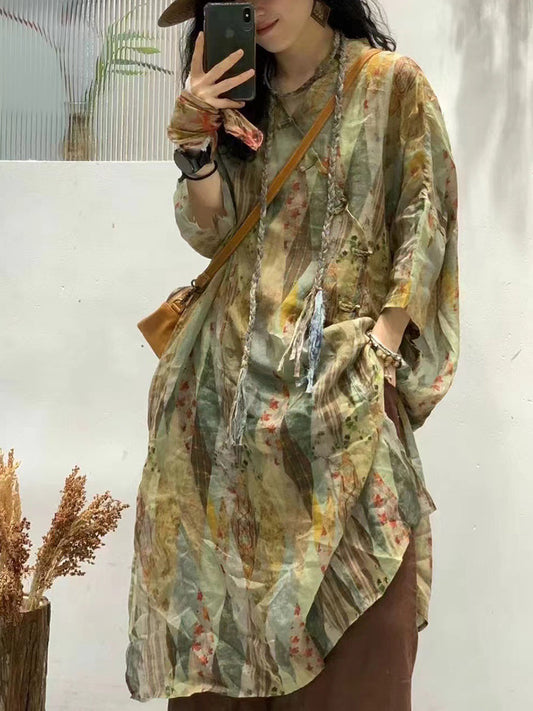 Women Summer Artsy Flower Spliced Ramie Robe Dress IO1024