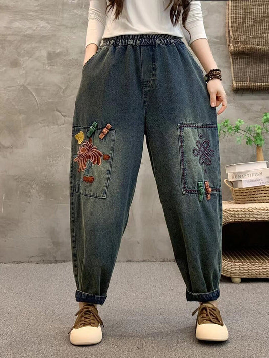 Women Summer Retro Flower Embroidery Denim Harem Pants IO1021