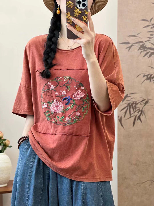 Women Summer Artsy Flower Embroidery Cotton Spliced Shirt AS1005