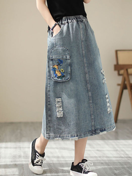Women Summer Flower Embroidery Frayed Denim Skirt AS1041