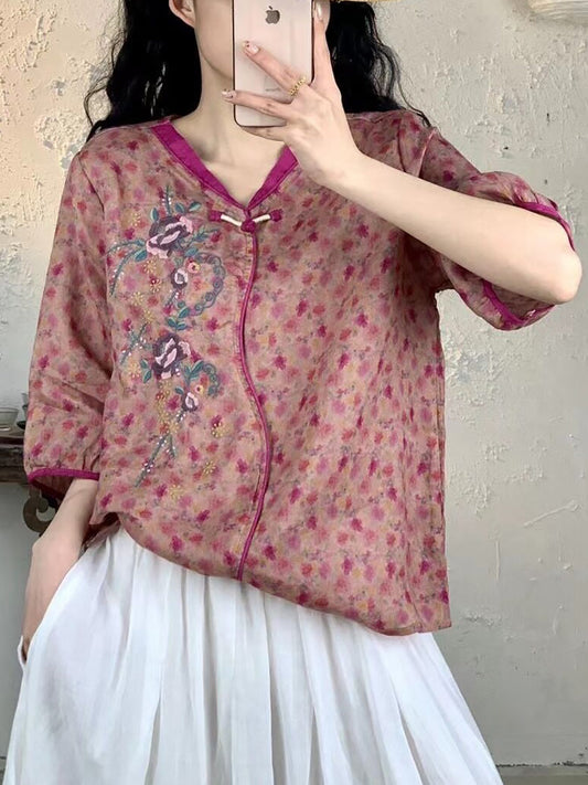 Women Summer Vintage Floral Embroidery Ramie Shirt FG1007
