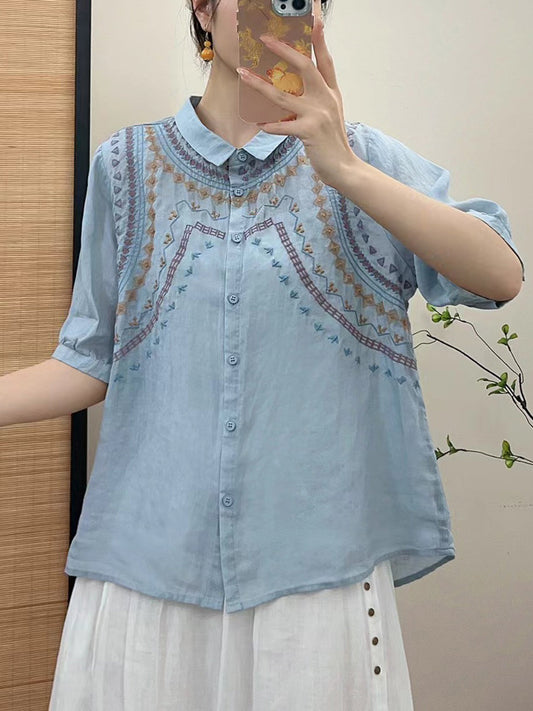 Women Summer Ethnic Embroidery Button-up Shirt FG1042