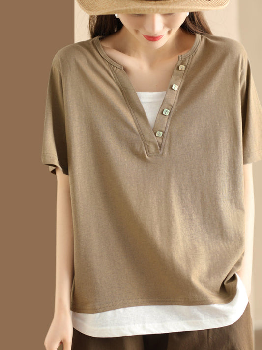 Women Casual Colorblock Pullover V-Neck Cotton Shirt AS1001