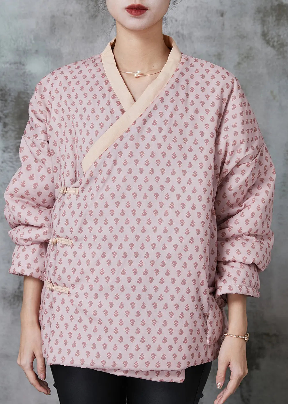 Art Pink Print Chinese Button Fine Cotton Filled Coat Spring Ada Fashion