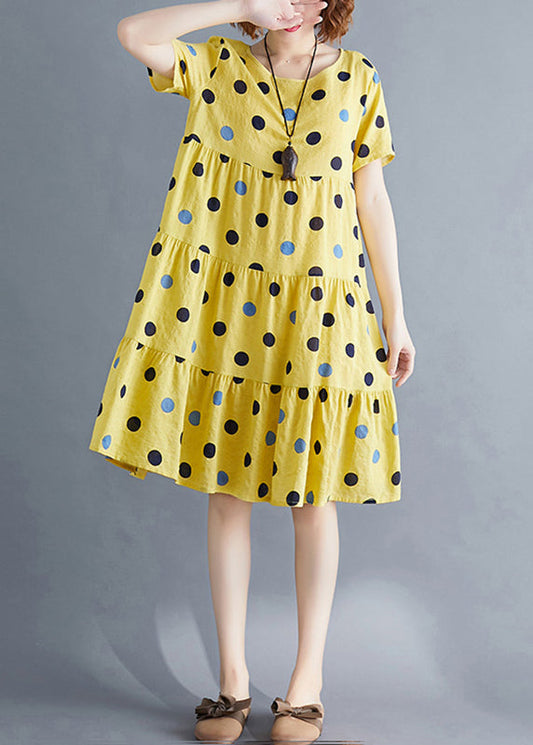 Art Yellow Dot Print Patchwork Holiday Mid Dress Short Sleeve VB1026