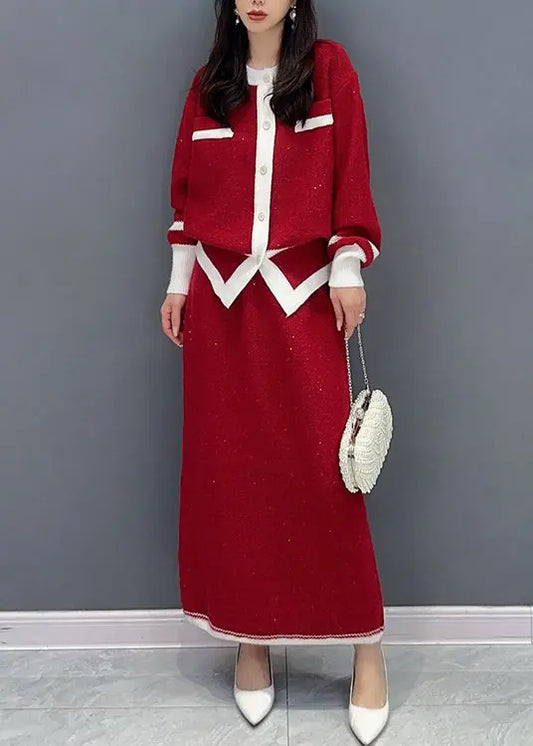 Autumn New Versatile Red Small Fragrant Coat And Skirts Two Piece Set Ada Fashion