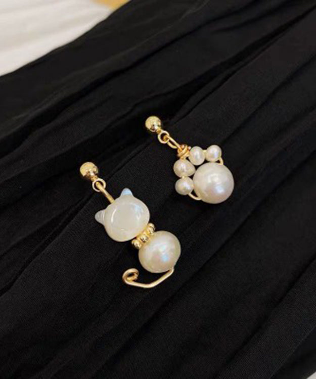 Beautiful White Gold Copper Overgild Pearl Little Cats Asymmetric Drop Earrings KX1021