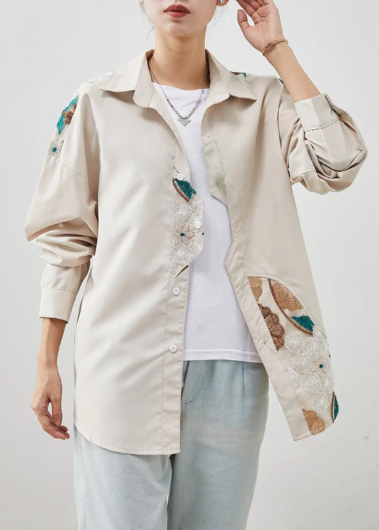 Beige Patchwork Cotton Shirts Embroidered Fall Ada Fashion
